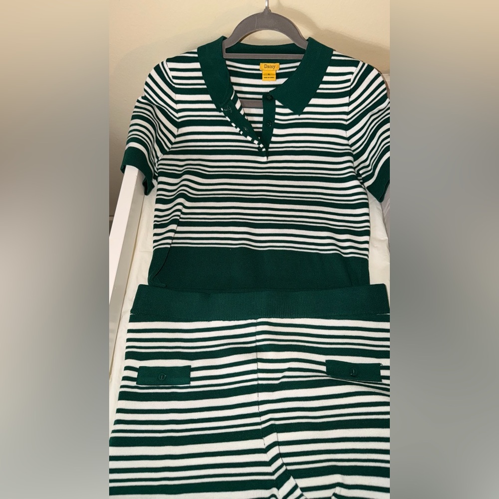 Daisy Striped Knit Polo Short Set in Green & White